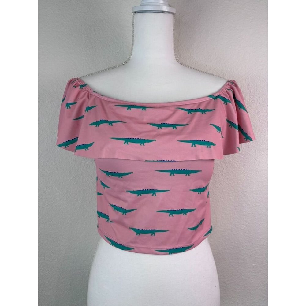Kortni Keane women's medium off shoulder‎ pink alligator ruffle tankini swim top